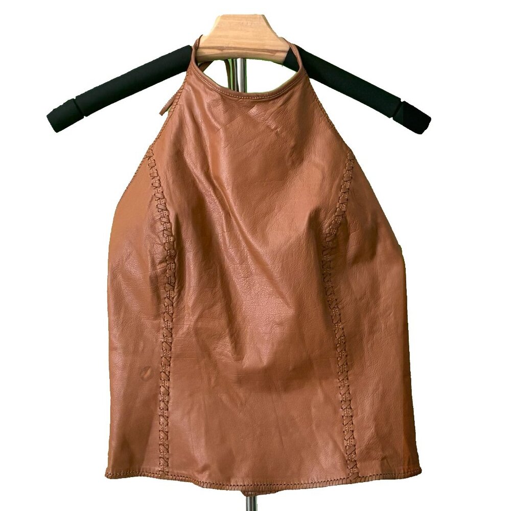 Chrome Hearts Brown Leather Halter Top – Cross Button & Patch Detail (Vintage)